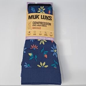 MUK LUKS NAVY FLORAL WIDE CALF KNEE-HIGH COMPRESSION SOCKS 3-PAIR SET NWT